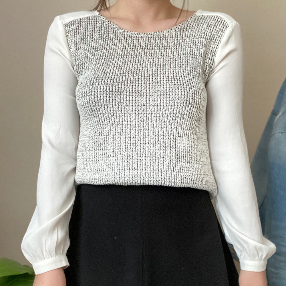 White and Black Knit Front Women's Blouse